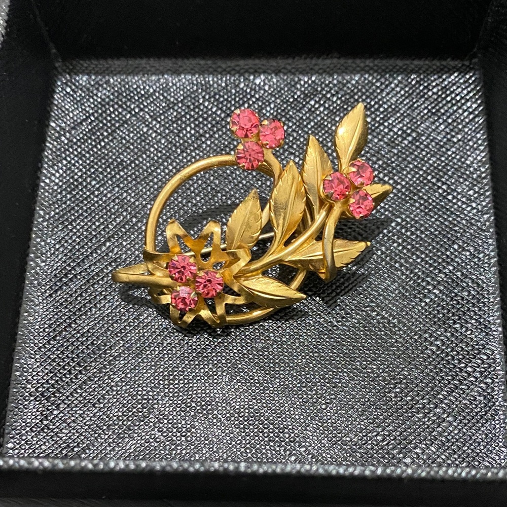Gold Floral Brooch with Pink Crystal Accents